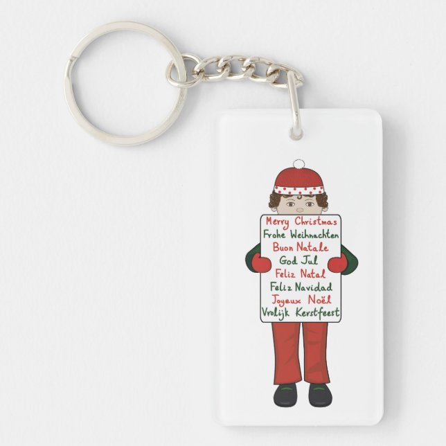 Cartoon Child holding Christmas Greetings Sign Key Ring (Front)