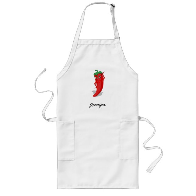 Cartoon Chilli Pepper With Custom Name Long Apron (Front)