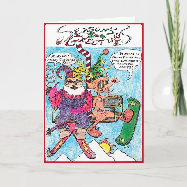 Cartoon Christmas Card- Santa Skiing Holiday Card (Front)