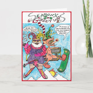 Cartoon Christmas Card- Santa Skiing Holiday Card