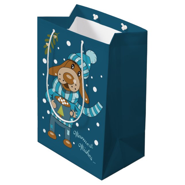 Cartoon Christmas Dog with Mug Blue Gift Bag (Back Angled)