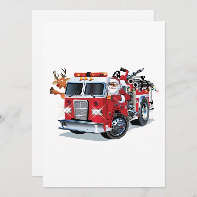 Cartoon Christmas firetruck Holiday Card (Front/Back)