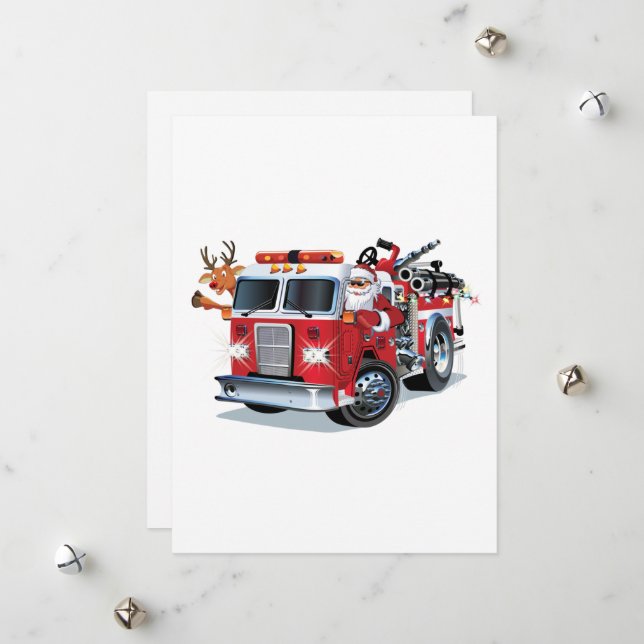 Cartoon Christmas firetruck Holiday Card (Front/Back In Situ)