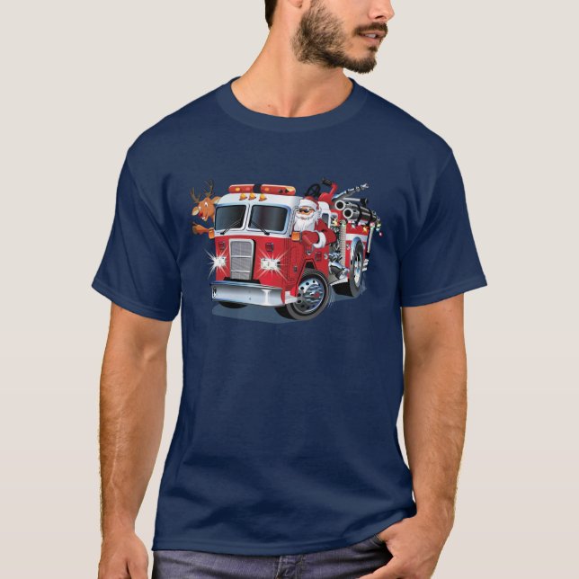 Cartoon Christmas firetruck T-Shirt (Front)