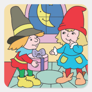 Cartoon Christmas gnomes and gift Square Sticker