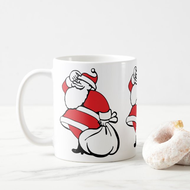 Cartoon Christmas Jolly Santa Claus, Sack of Toys Coffee Mug (With Donut)