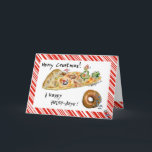 Cartoon Christmas Pizza and Donut Holiday Card<br><div class="desc">Have some humor with your holidays! These cartoon foods are having a pizza party to wish you "Merry Crustmas". There's dancing green peppers, a green pepper Christmas tree with a cute cartoon mushroom cap wearing a red cap. There's a pepperoni being a snow angel in the cheese and a sausage...</div>