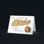 Cartoon Christmas Pizza and Doughnut Holiday Card<br><div class="desc">Have some humour with your holidays! These cartoon foods are having a pizza party to wish you "Merry Crustmas". There's dancing green peppers, a green pepper Christmas tree with a cute cartoon mushroom cap wearing a red cap. There's a pepperoni being a snow angel in the cheese and a sausage...</div>