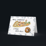Cartoon Christmas Pizza and Doughnut Holiday Card<br><div class="desc">Have some humour with your holidays! These cartoon foods are having a pizza party to wish you "Merry Crustmas". There's dancing green peppers, a green pepper Christmas tree with a cute cartoon mushroom cap wearing a red cap. There's a pepperoni being a snow angel in the cheese and a sausage...</div>