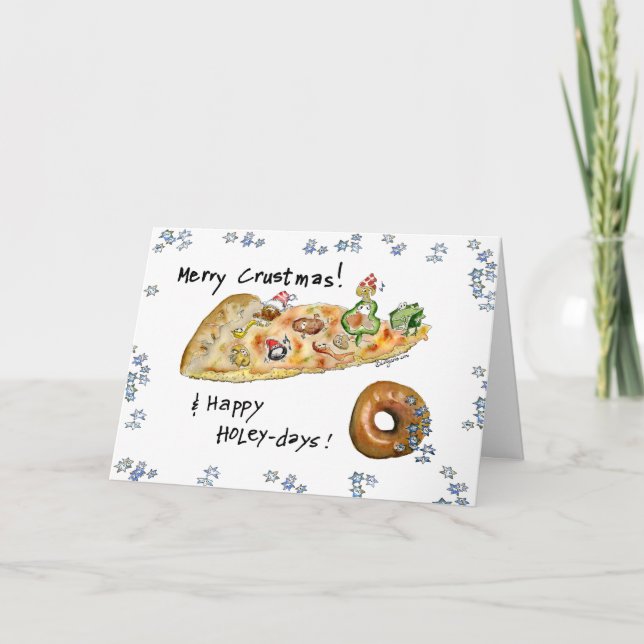 Cartoon Christmas Pizza and Doughnut Holiday Card (Front)