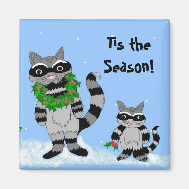 Cartoon Christmas Raccoons Magnet (Front)