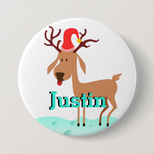 Cartoon Christmas Reindeer Stocking Name Tag 7.5 Cm Round Badge