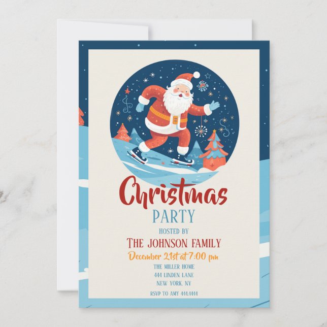 Cartoon Christmas Santa Claus Ice Skating Invitation (Front)
