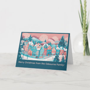 Cartoon Christmas Village Custom Message Holiday Card