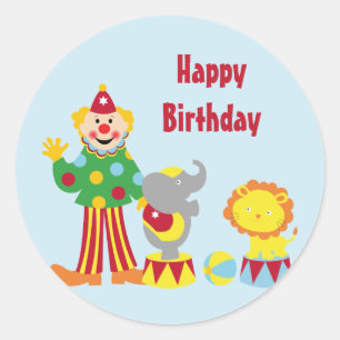 Cartoon Circus Clown and Animals Birthday Stickers
