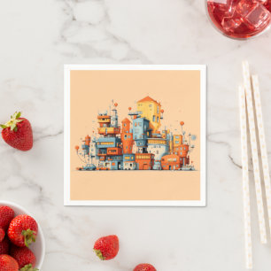 Cartoon City Colorful  Animated Peach Background  Napkin