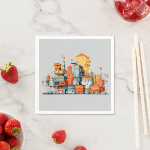 Cartoon City Colourful Animated Grey Background Napkin
