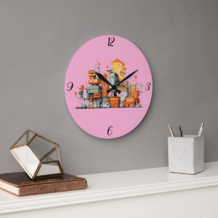 Cartoon City Pink Urban Background – Colourful Cit Large Clock