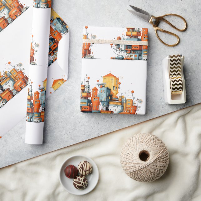 Cartoon City Skyline Wrapping Paper – Animated (Crafts)