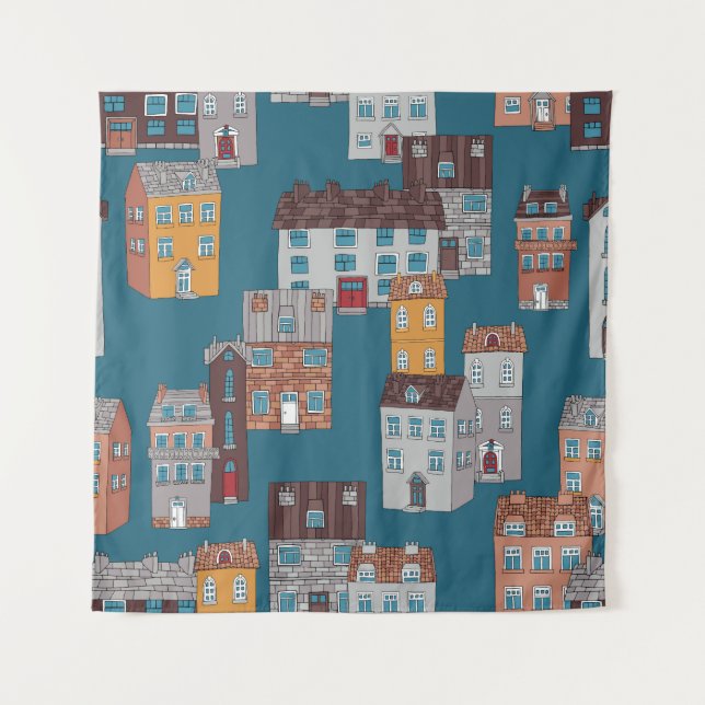 Cartoon City Vintage Wallpaper Tapestry (Front)