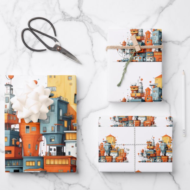 Cartoon City Wrapping Paper – Colourful Animated  (Front)