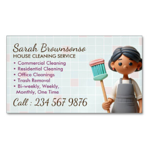 Cartoon Cleaning Janitorial Lady Tile Washing Magnetic Business Card