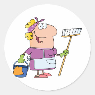 Cartoon Cleaning Lady Classic Round Sticker