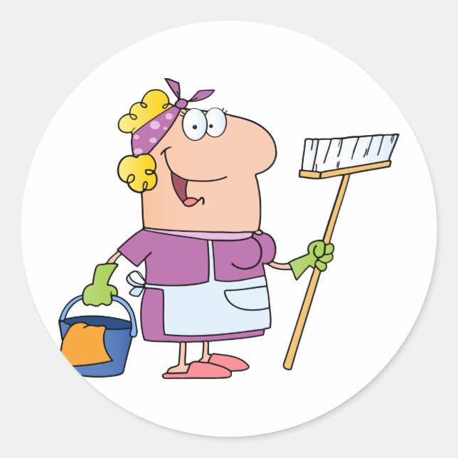 Cartoon Cleaning Lady Classic Round Sticker (Front)