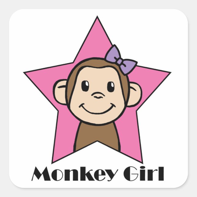 Cartoon Clip Art Smile Monkey Girl Pink Star Bow Square Sticker (Front)