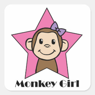 Cartoon Clip Art Smile Monkey Girl Pink Star Bow Square Sticker