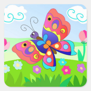 Cartoon Colorfoul butterflies and flowers Square Sticker