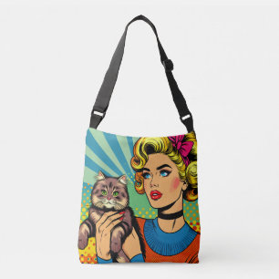 Cartoon Comic Pop Art Women and Cat Crossbody Bag