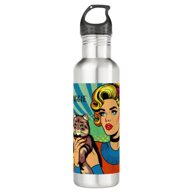 Cartoon Comic Pop Art Women and Cat  Personalised 710 Ml Water Bottle (Front)