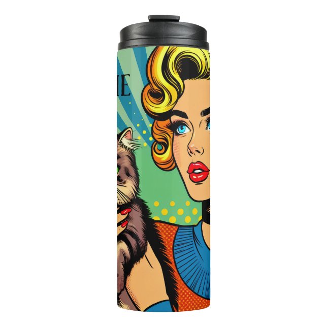 Cartoon Comic Pop Art Women and Cat  Personalised Thermal Tumbler (Front)