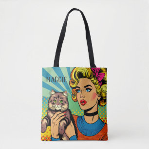 Cartoon Comic Pop Art Women and Cat Personalised Tote Bag
