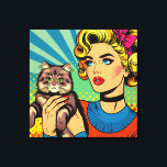 Cartoon Comic Pop Art Women Holding Cat Canvas Print<br><div class="desc">Retro pop art comic style art done with a midcentury vibe woman holding a cute cat. Bright,  colourful ai art.</div>