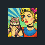 Cartoon Comic Pop Art Women Holding Cat Canvas Print<br><div class="desc">Retro pop art comic style art done with a midcentury vibe woman holding a cute cat. Bright,  colourful ai art.</div>