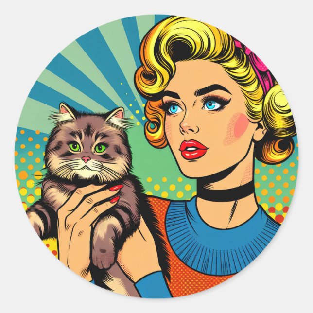 Cartoon Comic Pop Art Women Holding Cat Classic Round Sticker (Front)