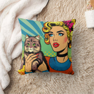 Cartoon Comic Pop Art Women Holding Cat Cushion