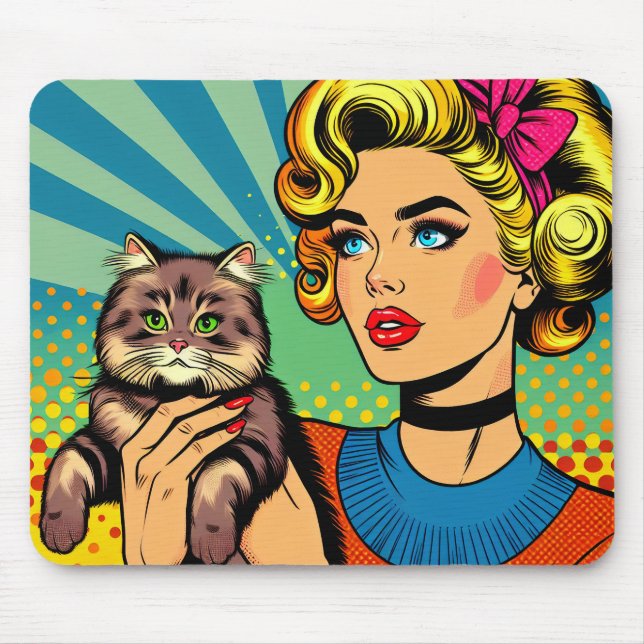 Cartoon Comic Pop Art Women Holding Cat Mouse Mat (Front)