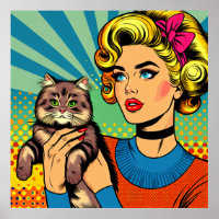 Cartoon Comic Pop Art Women Holding Cat