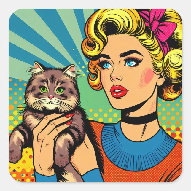 Cartoon Comic Pop Art Women Holding Cat Square Sticker (Front)