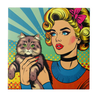 Cartoon Comic Pop Art Women Holding Cat Tile