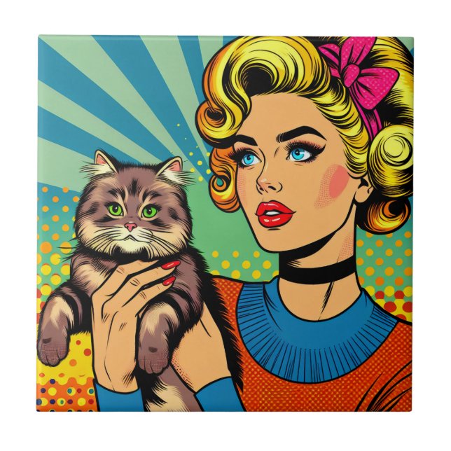 Cartoon Comic Pop Art Women Holding Cat Tile (Front)