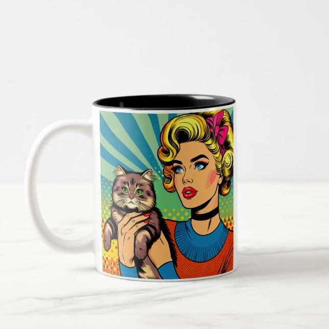 Cartoon Comic Pop Art Women Holding Cat Two-Tone Coffee Mug (Left)