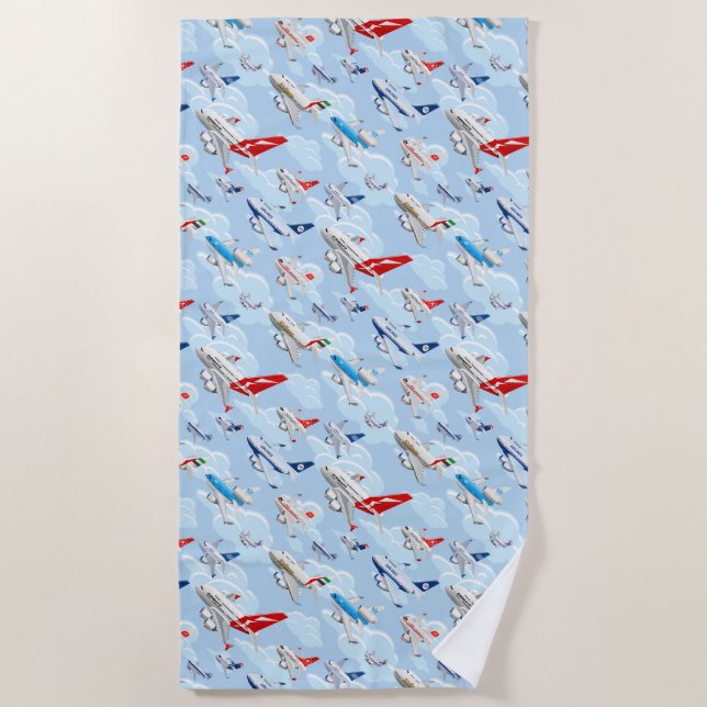 Cartoon commercial aeroplanes seamless pattern fab beach towel (Front)