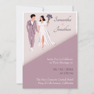 Cartoon Couple in Purple Modern Wedding Invitation