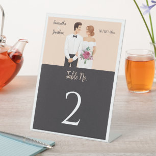 Cartoon Couple Modern Wedding Pedestal Number Card Sign