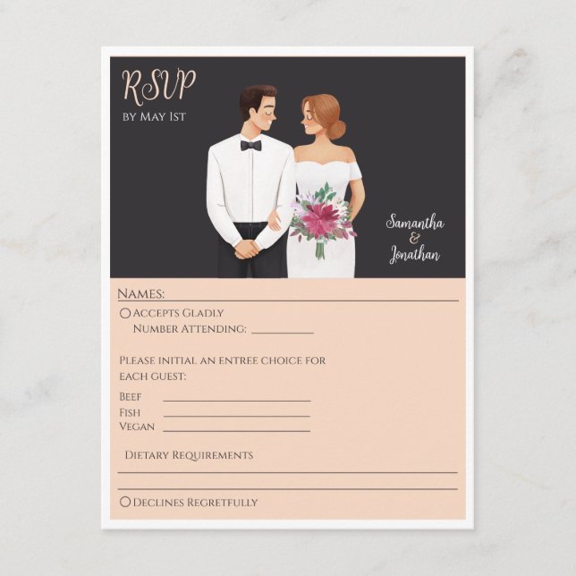 Cartoon Couple Modern Wedding RSVP Card (Front)