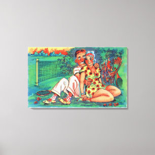 Cartoon Couple with Tennis Gear Canvas Print